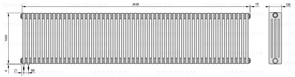 Схема (чертеж) Радиатор Zehnder Charleston 4100/53 №3370 Белый глянцевый RAL 9016